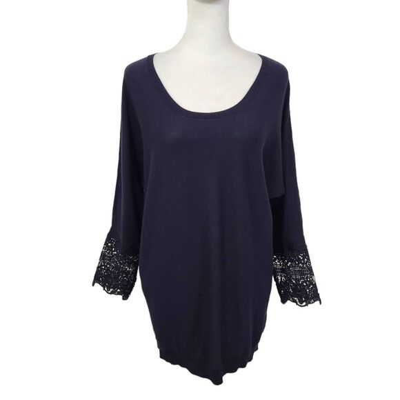 Talbots Navy Top with Crochet Sleeves Size Medium Petite Navy Crochet Top - Picture 1 of 7